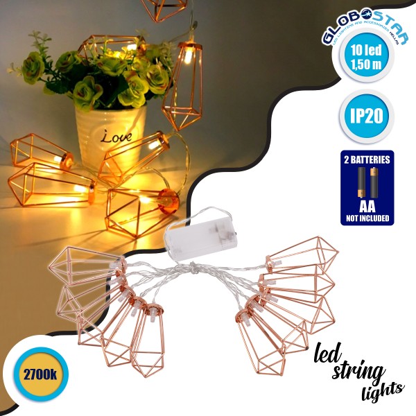 79803 Διακοσμητική Γιρλάντα Bronze Cone 1.5 Μέτρα με Διακόπτη On/Off - 10 LED 1W με Μπαταρίες 2xAA & Διάφανο Καλώδιο IP20 Θερμό Λευκό 2700K Μ1.5m