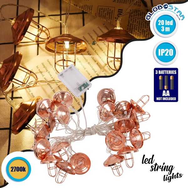 79808 Διακοσμητική Γιρλάντα Bronze Lamp 3 Μέτρα με Διακόπτη On/Off - 20 LED 2W με Μπαταρίες 3xAA & Διάφανο Καλώδιο IP20 Θερμό Λευκό 2700K Μ3m