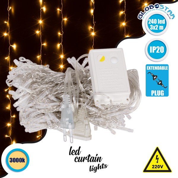 85800 Διακοσμητική Κουρτίνα 3 x 2 Μέτρα με Controller 8 Προγραμμάτων Φωτισμού - Επεκτεινόμενη 240 LED 6W AC 230V με Διάφανο Καλώδιο & Πρίζα Schuko IP20 Θερμό Λευκό 3000K Μ3 x Υ2m