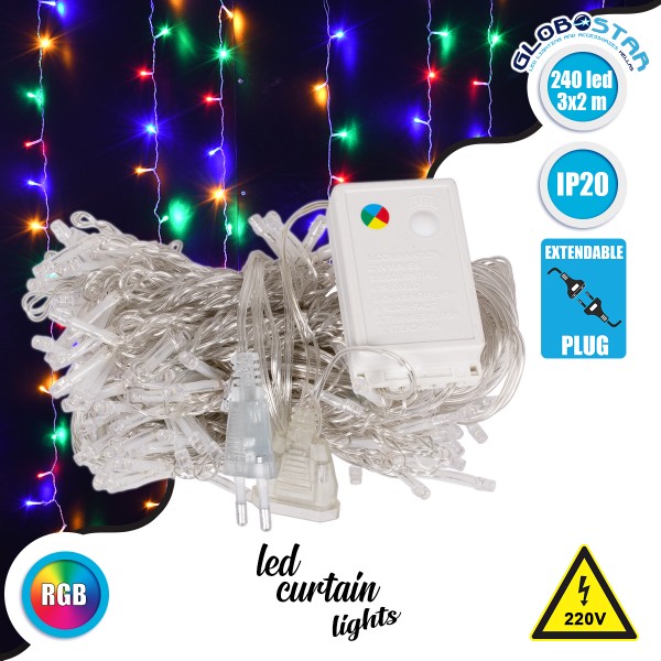 GloboStar® 85802 Διακοσμητική Κουρτίνα 3 x 2 Μέτρα με Controller 8 Προγραμμάτων Φωτισμού - Επεκτεινόμενη 240 LED 6W AC 230V με Διάφανο Καλώδιο & EU Πρίζα IP20 Πολύχρωμο RGB Μ3 x Υ2mΔιακοσμητική Κουρτίνα 3 x 2 Μέτρα με Controller 8 Προγραμμάτων Φωτισμού - 