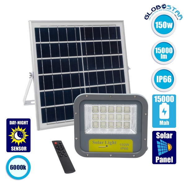 GloboStar® HECATE 90205 Αυτόνομος Ηλιακός Προβολέας LED SUPREME Series SMD 150W 15000lm με Ενσωματωμένη Μπαταρία 15000mAh - Φωτοβολταϊκό Πάνελ με Αισθητήρα Ημέρας-Νύχτας και Ασύρματο Χειριστήριο RF 2.4Ghz Αδιάβροχος IP66 Ψυχρό Λευκό 6000K - 3 Χρόνια Εγγύη