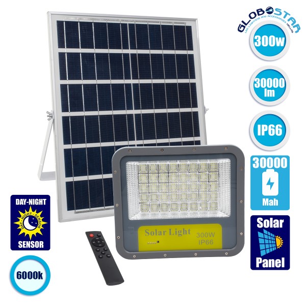 GloboStar® HECATE 90206 Αυτόνομος Ηλιακός Προβολέας LED SUPREME Series SMD 300W 30000lm με Ενσωματωμένη Μπαταρία 30000mAh - Φωτοβολταϊκό Πάνελ με Αισθητήρα Ημέρας-Νύχτας και Ασύρματο Χειριστήριο RF 2.4Ghz Αδιάβροχος IP66 Ψυχρό Λευκό 6000K - 3 Χρόνια Εγγύη