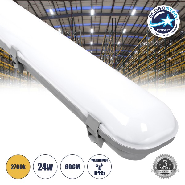 GloboStar® 60172 LED Γραμμικό Βιομηχανικό Φωτιστικό Tri-Proof 60cm 24W 2690lm 120° AC 220-240V Αδιάβροχο IP65 Μ60 x Π10.5 x Υ8cm Θερμό Λευκό 2700K - 3 Χρόνια Εγγύηση