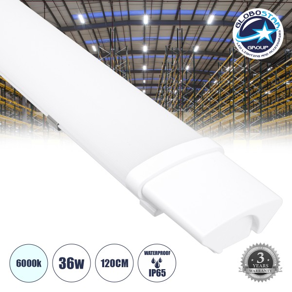 GloboStar® 60164 LED Γραμμικό Βιομηχανικό Φωτιστικό Tri-Proof 120cm 36W 4058lm 120° AC 220-240V Αδιάβροχο IP65 Μ120 x Π6 x Υ4cm Ψυχρό Λευκό 6000K - 3 Χρόνια Εγγύηση