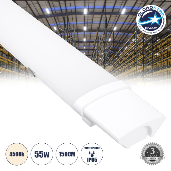GloboStar® 60168 LED Γραμμικό Βιομηχανικό Φωτιστικό Tri-Proof 150cm 55W 6115lm 120° AC 220-240V Αδιάβροχο IP65 Μ150 x Π6 x Υ4cm Φυσικό Λευκό 4500K - 3 Χρόνια Εγγύηση