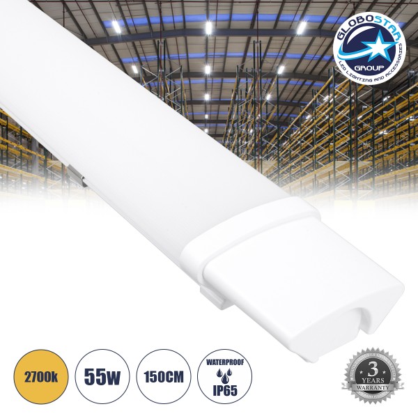 GloboStar® 60169 LED Γραμμικό Βιομηχανικό Φωτιστικό Tri-Proof 150cm 55W 6006lm 120° AC 220-240V Αδιάβροχο IP65 Μ150 x Π6 x Υ4cm Θερμό Λευκό 2700K - 3 Χρόνια Εγγύηση