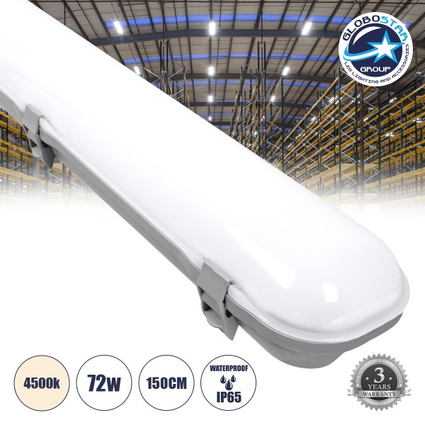 GloboStar® 60177 LED Γραμμικό Βιομηχανικό Φωτιστικό Tri-Proof 150cm 72W 8306lm 120° AC 220-240V Αδιάβροχο IP65 Μ150 x Π10,5 x Υ8cm Φυσικό Λευκό 4500K - 3 Χρόνια Εγγύηση