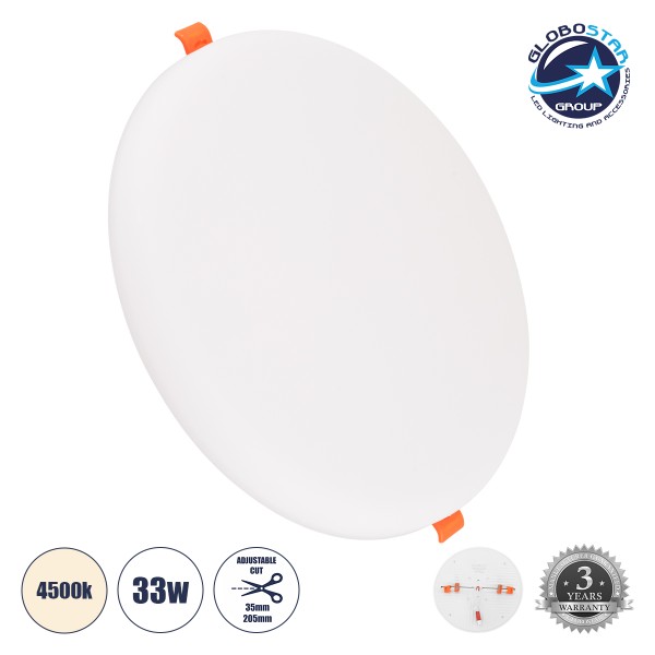GLOBOSTAR® PANELEON 60192 Χωνευτό Panel Οροφής με Σύστημα Ρυθμιζόμενης Τρύπας Κοπής LED 33W 3492lm 180° AC 220-240V IP20 Φυσικό Λευκό 4500K - Lumileds SMD Chip & TÜV SÜD Driver - Λευκό Γαλακτερό - Μ22.2 x Π22.2 x Υ2cm / Q3.5cm έως Q20.5cm - 3 Χρόνια Εγγύη