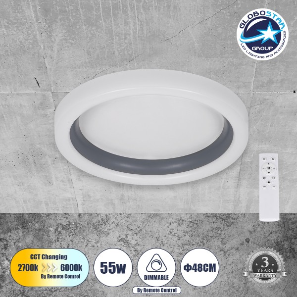 GloboStar® ARIANA 61036 Πλαφονιέρα Οροφής Κύκλος LED CCT 55W 6376lm 120° AC 220-240V - Εναλλαγή Φωτισμού μέσω Τηλεχειριστηρίου All In One Ψυχρό Λευκό 6000k+Φυσικό Λευκό 4500k+Θερμό Λευκό 2700k Dimmable Φ48cm - Γκρι Ανθρακί - 3 Years Warranty