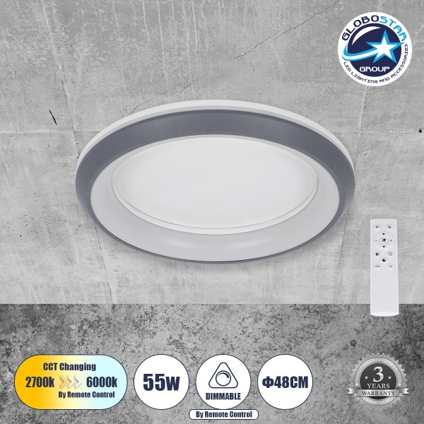 GloboStar® MELINA 61042 Πλαφονιέρα Οροφής Κύκλος LED CCT 55W 6376lm 120° AC 220-240V - Εναλλαγή Φωτισμού μέσω Τηλεχειριστηρίου All In One Ψυχρό Λευκό 6000k+Φυσικό Λευκό 4500k+Θερμό Λευκό 2700k Dimmable Φ48cm - Γκρι Ανθρακί - 3 Years Warranty