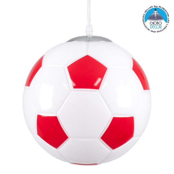 GloboStar® FOOTBALL 00646 Παιδικό Κρεμαστό Φωτιστικό Μπάλα Μονόφωτο 1 x E27 IP20 Λευκό & Κόκκινο Γυαλί - Μ25 x Π25 x Υ25cm