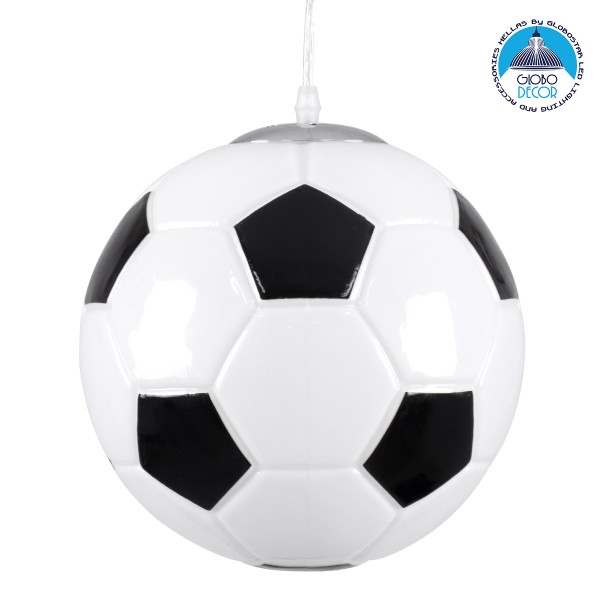 GloboStar® FOOTBALL 00647 Μοντέρνο Κρεμαστό Παιδικό Φωτιστικό Μπάλα Μονόφωτο 1 x E27 IP20 Λευκό & Μαύρο Γυαλί Μ25 x Π25 x Υ25cm