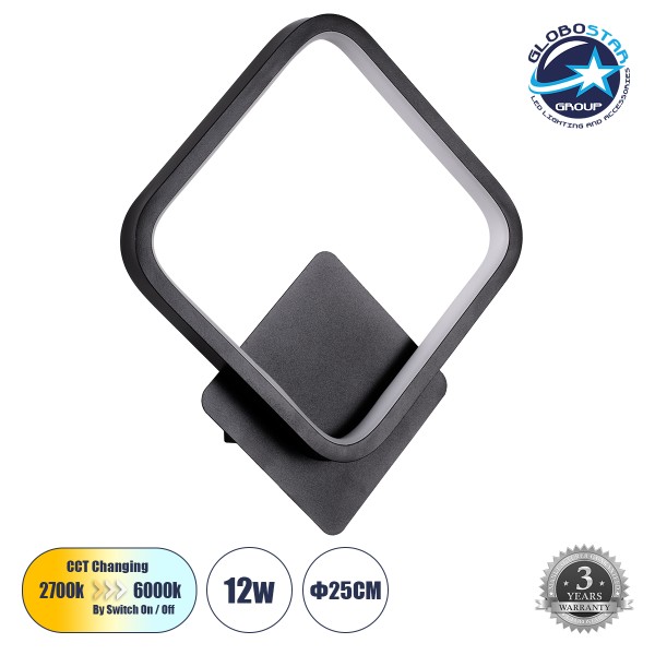 GloboStar® LENA 61079 Φωτιστικό Τοίχου - Απλίκα Design LED CCT 12W 1440lm 300° AC 220-240V - Εναλλαγή Φωτισμού μέσω Διακόπτη On/Off All In One Ψυχρό 6000k+Φυσικό 4500k+Θερμό 2700k Μ25 x Π5.5 x Υ29.5cm - Μαύρο
