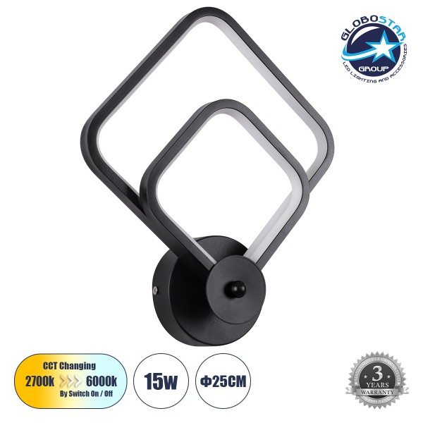 GLOBOSTAR® ANNA 61085 Μοντέρνο Φωτιστικό Τοίχου - Απλίκα LED 15W 1800lm 300° AC 220-240V IP20 Ρυθμιζόμενο Λευκό CCT με On/Off 2700K/4500K/6000K - Lumileds SMD Chip - Μαύρο Ματ - Μ25 x Π8 x Υ30cm - 3 Χρόνια Εγγύηση