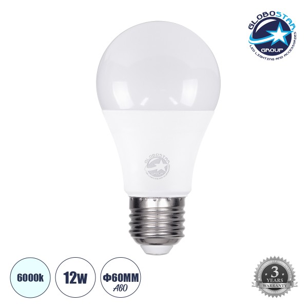 GloboStar® 60030 Λάμπα LED E27 A60 Γλόμπος 12W 1392lm 260° AC 220-240V IP20 Φ6 x Υ11cm Ψυχρό Λευκό 6000K - 3 Years Warranty