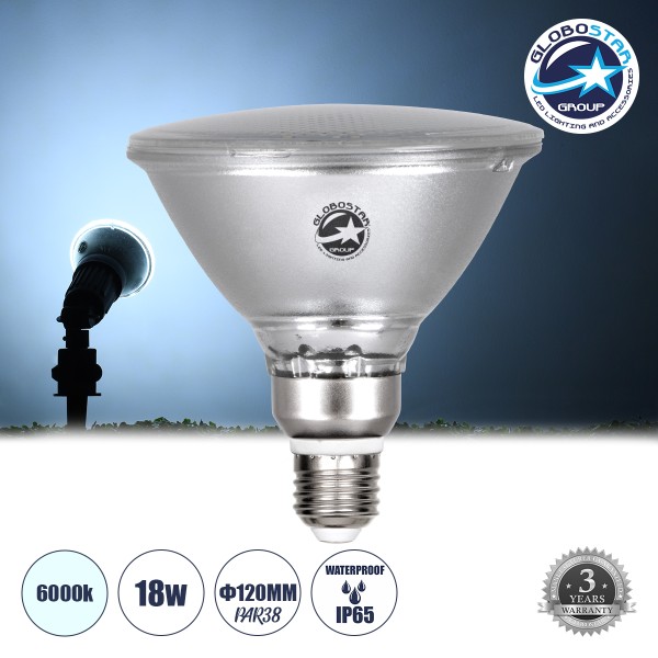 GLOBOSTAR® GARDENPAR 60226 Σποτ E27 PAR38 Σκληρού Υάλου LED 18W 1800lm 60° AC 220-240V Αδιάβροχο IP65 Ψυχρό Λευκό 6000K - Μ12 x Π12 x Υ13cm - 3 Χρόνια Εγγύηση