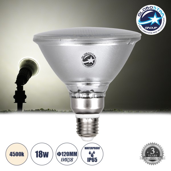 GloboStar® 60227 Λάμπα LED E27 PAR38 Κήπου Σκληρού Υάλου 18W 1900lm 60° AC 220-240V IP65 Φ12 x Υ13cm Φυσικό Λευκό 4500K - 3 Years Warranty