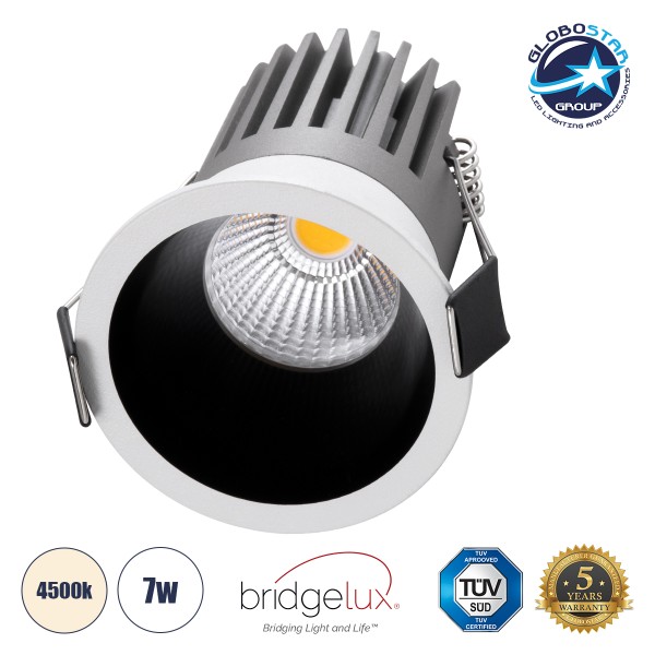 GloboStar® MICRO-B 60240 Χωνευτό LED Spot Downlight TrimLess Φ6cm 7W 910lm 38° AC 220-240V IP20 Φ6 x Υ7.8cm - Στρόγγυλο - Λευκό με Μαύρο Κάτοπτρο - Φυσικό Λευκό 4500K - Bridgelux COB - 5 Years Warranty
