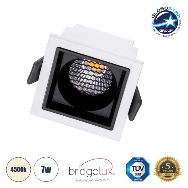 GloboStar® PLUTO-S 60264 Χωνευτό LED Spot Downlight TrimLess Μ6.4xΠ6.4cm 7W 910lm 38° AC 220-240V IP20 Μ6.4 x Π6.4 x Υ4.9cm - Τετράγωνο - Λευκό με Μαύρο Κάτοπτρο & Anti-Glare HoneyComb - Φυσικό Λευκό 4500K - Bridgelux COB - 5 Years Warranty