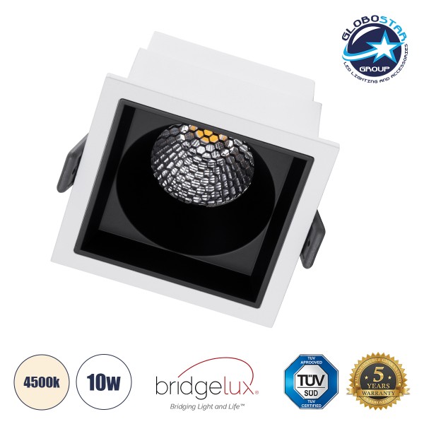 GloboStar® PLUTO-M 60270 Χωνευτό LED Spot Downlight TrimLess Μ8.4xΠ8.4cm 10W 1300lm 38° AC 220-240V IP20 Μ8.4 x Π8.4 x Υ5.9cm - Τετράγωνο - Λευκό με Μαύρο Κάτοπτρο & Anti-Glare HoneyComb - Φυσικό Λευκό 4500K - Bridgelux COB - 5 Years Warranty