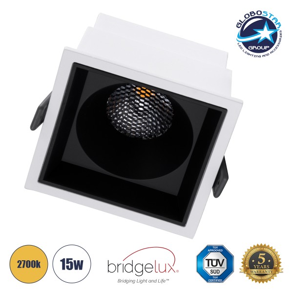 GloboStar® PLUTO-B 60277 Χωνευτό LED Spot Downlight TrimLess Μ10.4xΠ10.4cm 15W 1875lm 38° AC 220-240V IP20 Μ10.4 x Π10.4 x Υ6.5cm - Τετράγωνο - Λευκό με Μαύρο Κάτοπτρο & Anti-Glare HoneyComb - Θερμό Λευκό 2700K - Bridgelux COB - 5 Years Warranty