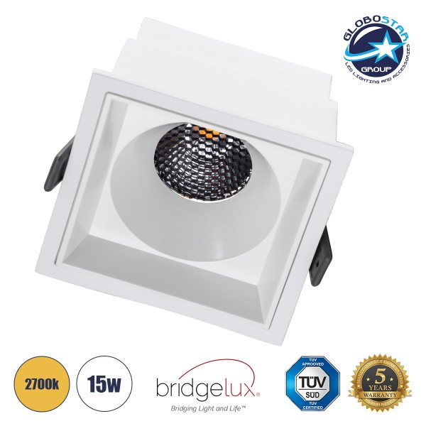 GloboStar® PLUTO-B 60279 Χωνευτό LED Spot Downlight TrimLess Μ10.4xΠ10.4cm 15W 1875lm 38° AC 220-240V IP20 Μ10.4 x Π10.4 x Υ6.5cm - Τετράγωνο - Λευκό & Anti-Glare HoneyComb - Θερμό Λευκό 2700K - Bridgelux COB - 5 Years Warranty