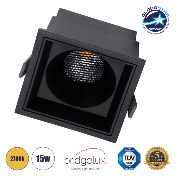GloboStar® PLUTO-B 60281 Χωνευτό LED Spot Downlight TrimLess Μ10.4xΠ10.4cm 15W 1875lm 38° AC 220-240V IP20 Μ10.4 x Π10.4 x Υ6.5cm - Τετράγωνο - Μαύρο & Anti-Glare HoneyComb - Θερμό Λευκό 2700K - Bridgelux COB - 5 Years Warranty