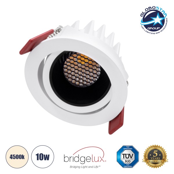 GloboStar® LEO-R 60282 Χωνευτό LED Spot Downlight TrimLess Φ8.5cm 10W 1300lm 38° AC 220-240V IP20 Φ8.5 x Υ6.6cm - Στρόγγυλο - Κινούμενο - Λευκό με Μαύρο Κάτοπτρο & Anti-Glare HoneyComb - Φυσικό Λευκό 4500K - Bridgelux COB - 5 Years Warranty