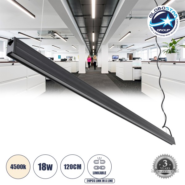 GloboStar® OFFICE 61024-P Γραμμικό Κρεμαστό Φωτιστικό Linear LED 18W 2200lm 120° AC 220-240V Μ120 x Π2 x Υ4cm Φυσικό Λευκό 4500K - Μαύρο - 3 Years Warranty