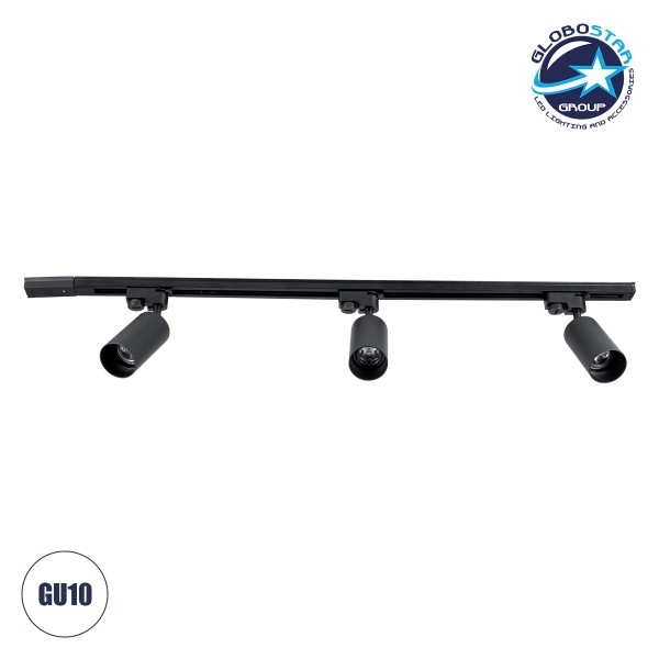 GloboStar® LEO 60355 Μοντέρνο Φωτιστικό Οροφής Ράγα Τρίφωτο 3 x GU10 IP20 Μαύρο Αλουμίνιο - Μ100 x Π6 x Υ20cm - 5 Χρόνια Εγγύηση