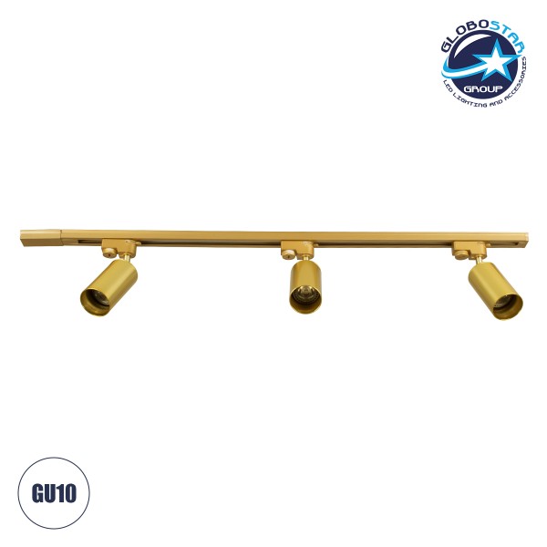 GloboStar® LEO 60359 Μοντέρνο Φωτιστικό Οροφής Ράγα Τρίφωτο 3 x GU10 IP20 Χρυσό Αλουμίνιο - Μ100 x Π6 x Υ20cm - 5 Χρόνια Εγγύηση