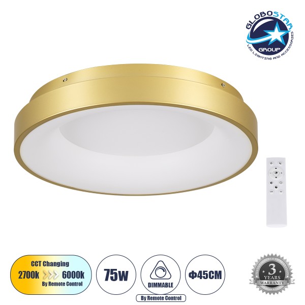GLOBOSTAR® SALEM 61235 Μοντέρνο Φωτιστικό Οροφής LED 75W 8625lm 120° AC 220-240V IP20 Ρυθμιζόμενο Λευκό CCT με Χειριστήριο από 2700K έως 6000K Dimmable - Lumileds SMD Chip - Χρυσό - Μ45 x Π45 x Υ8.5cm - 3 Χρόνια Εγγύηση