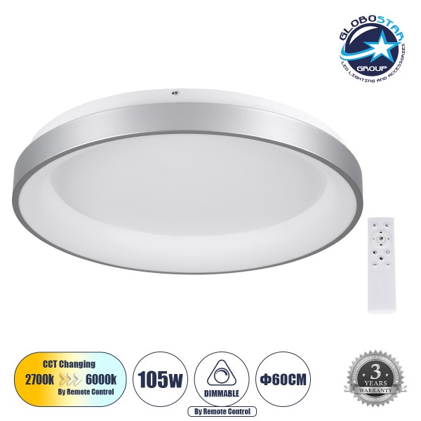 GLOBOSTAR® SALEM 61238 Μοντέρνο Φωτιστικό Οροφής LED 105W 12075lm 120° AC 220-240V IP20 Ρυθμιζόμενο Λευκό CCT με Χειριστήριο από 2700K έως 6000K Dimmable - Lumileds SMD Chip - Γκρι - Μ60 x Π60 x Υ8.5cm - 3 Χρόνια Εγγύηση