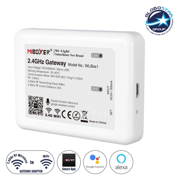 GloboStar® 73423 WL-Box1 Mi-BOXER Smart Bridge Gateway RF 2.4GHz to WiFi IEEE 802.11b/g/n DC 5V 500mA - IP20 - Μ9 x Π6.6 x Υ15cm - 5 Years Warranty