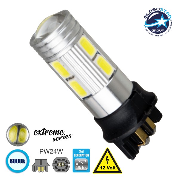 GloboStar® 81172 Λάμπα Αυτοκίνητου PW24W 3rd Generation Can-Bus Extreme Series LED 10 SMD 5630 5W 750lm 360° DC 12V IP20 Ψυχρό Λευκό 6000K