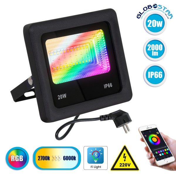 GloboStar® 85815 Προβολέας Εξωτερικός LED SMD 5050 & 2835 20W 2000lm 180° AC 230V με Ασύρματο Wireless Bluetooth Αδιάβροχος IP66 Πολύχρωμος RGB+CCT Θερμό Λευκό 3000K - Λευκό Ημέρας 4500K - Ψυχρό Λευκό 6000K