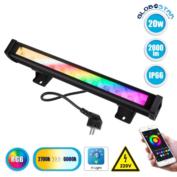 GloboStar® 85816 Μπάρα Εξωτερική LED SMD 5050 & 2835 20W 2000lm 180° AC 230V με Ασύρματο Wireless Bluetooth Αδιάβροχη IP66 Πολύχρωμη RGB+CCT Θερμό Λευκό 3000K - Λευκό Ημέρας 4500K - Ψυχρό Λευκό 6000K