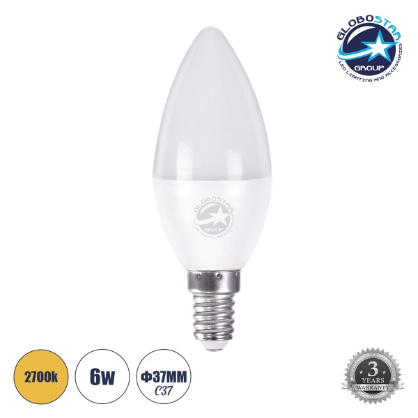 GloboStar® 60005 Λάμπα LED E14 C37 Κεράκι 6W 564lm 260° AC 220-240V IP20 Φ3.7 x Υ10cm Θερμό Λευκό 2700K - 3 Years Warranty