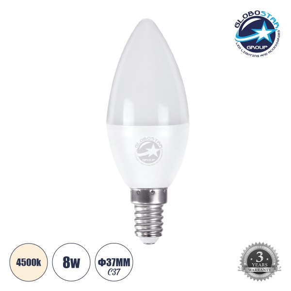 GloboStar® 60010 Λάμπα LED E14 C37 Κεράκι 8W 776lm 260° AC 220-240V IP20 Φ3.7 x Υ10cm Φυσικό Λευκό 4500K - 3 Years Warranty