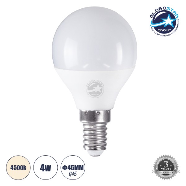 GloboStar® 60013 Λάμπα LED E14 G45 Γλομπάκι 4W 388lm 260° AC 220-240V IP20 Φ4.5 x Υ7.8cm Φυσικό Λευκό 4500K - 3 Years Warranty