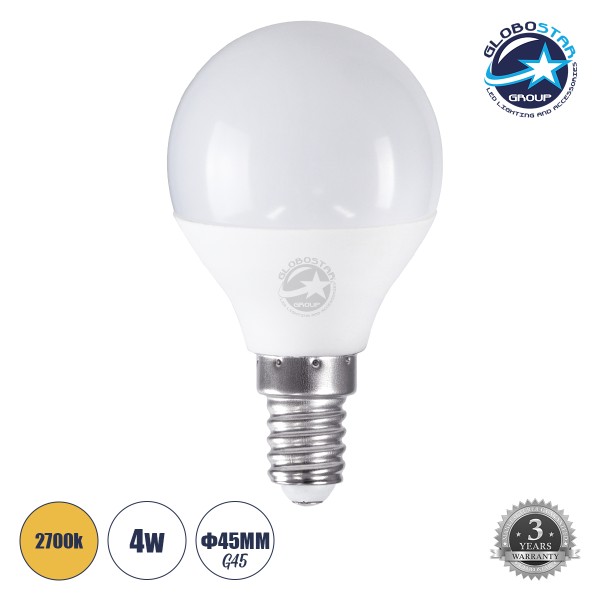 GloboStar® 60014 Λάμπα LED E14 G45 Γλομπάκι 4W 376lm 260° AC 220-240V IP20 Φ4.5 x Υ7.8cm Θερμό Λευκό 2700K - 3 Years Warranty