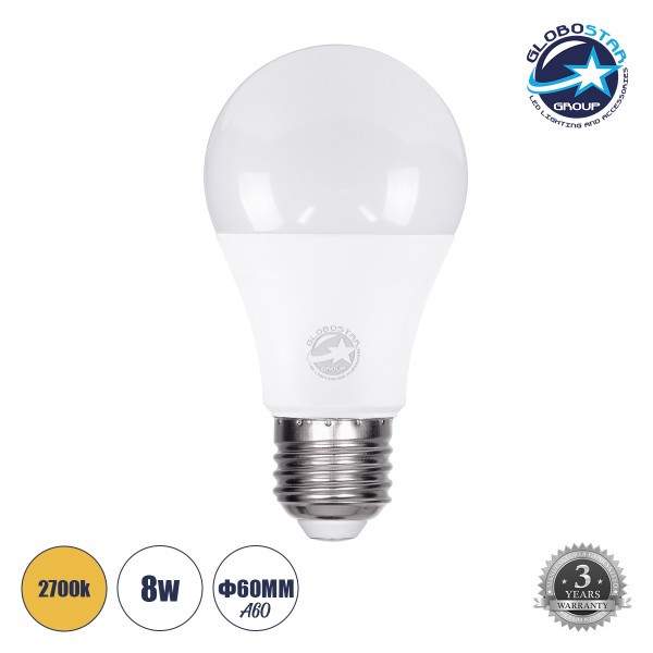 GloboStar® 60026 Λάμπα LED E27 A60 Γλόμπος 8W 752lm 260° AC 220-240V IP20 Φ6 x Υ11cm Θερμό Λευκό 2700K - 3 Years Warranty