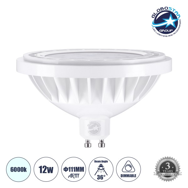 GloboStar® 60129 Σποτ LED GU10 AR111 12W 1392lm 36° AC 220-240V IP20 Φ11 x Υ6.6cm Ψυχρό Λευκό 6000K Dimmable - 3 Years Warranty