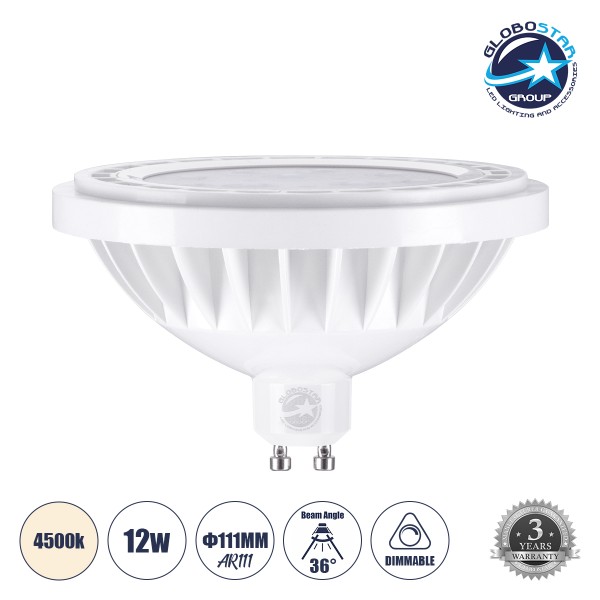 GloboStar® 60130 Σποτ LED GU10 AR111 12W 1356lm 36° AC 220-240V IP20 Φ11 x Υ6.6cm Φυσικό Λευκό 4500K Dimmable - 3 Years Warranty