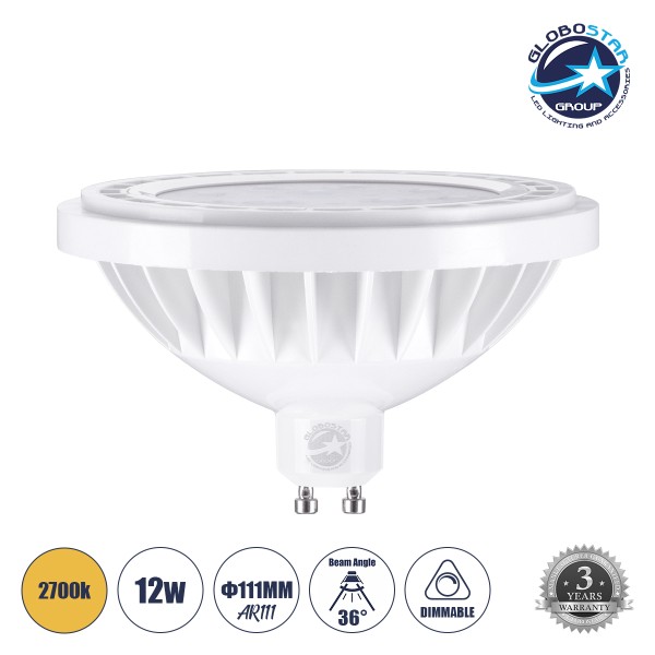 GloboStar® 60131 Σποτ LED GU10 AR111 12W 1320lm 36° AC 220-240V IP20 Φ11 x Υ6.6cm Θερμό Λευκό 2700K Dimmable - 3 Years Warranty
