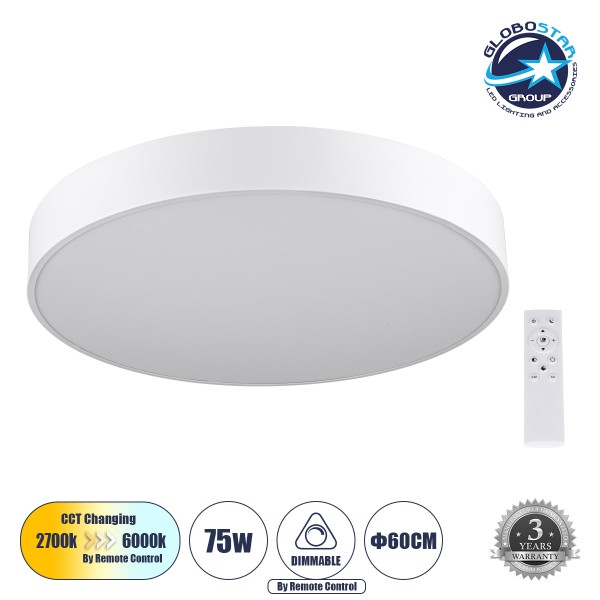 GloboStar® BURTON 61203-S Πλαφονιέρα Οροφής LED CCT 75W 8625lm 120° AC 220-240V - Εναλλαγή Φωτισμού μέσω Τηλεχειριστηρίου All In One Ψυχρό 6000k+Φυσικό 4500k+Θερμό 2700k Dimmable Φ60cm - Λευκό - 3 Years Warranty