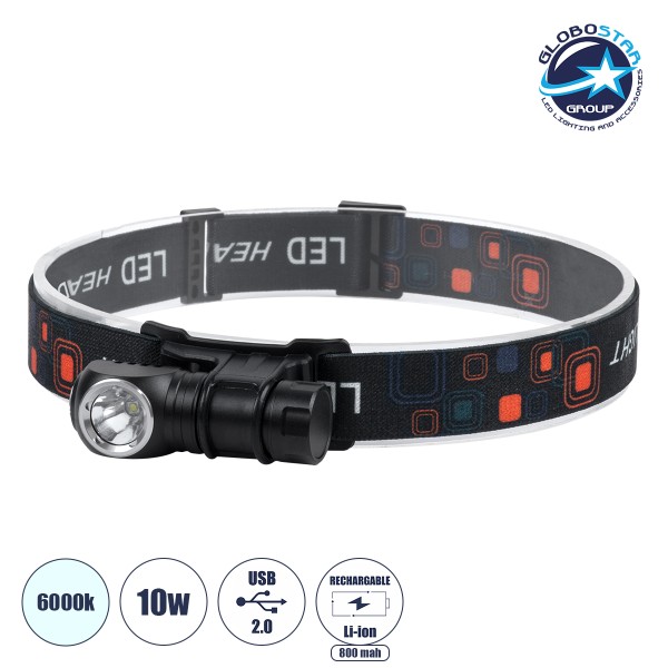GloboStar® 79040 Φορητός Φακός Κεφαλής Επαναφορτιζόμενος LED Luminus SST20 10W 1000lm 30° Μοιρών με 1 x 16340 Μπαταρία 800mAh USB 2.0 3 Modes Αδιάβροχο IP54 Ψυχρό Λευκό 6000K