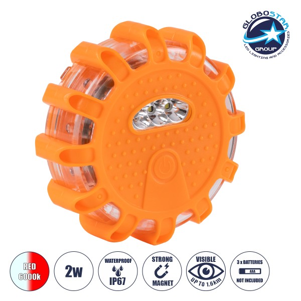 GloboStar® 79697 Φορητός Μαγνητικός Φάρος Οχημάτων - Ασφαλείας Έκτακτης Ανάγκης 2W 140lm με Φακό - Μπαταρίας 3xAAA (δεν Περιλαμβάνονται) Αδιάβροχος IP67 Κόκκινο - Ψυχρό Λευκό 6000K Φ10 x Υ3.5cm