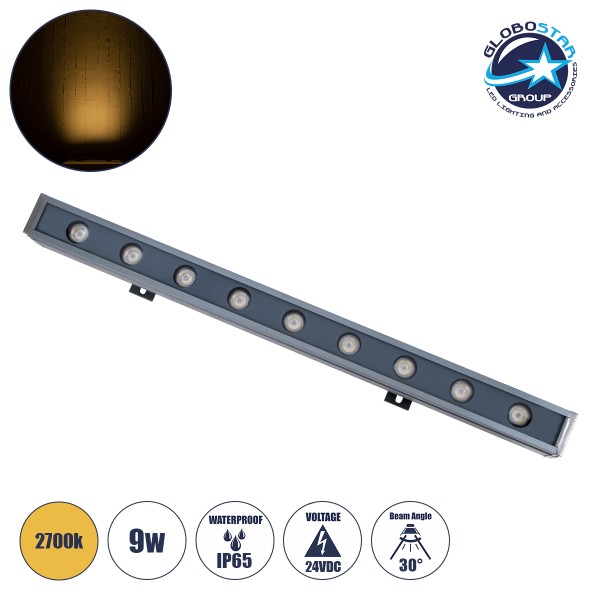 GLOBOSTAR® WASHER-NAIA 90172 Μπάρα Φωτισμού Wall Washer LED 9W 990lm 30° DC 24V Αδιάβροχο IP65 Θερμό Λευκό 2700Κ Dimmable - Γκρι Ανθρακί - Μ50 x Π4 x Υ5cm - 3 Χρόνια Εγγύηση