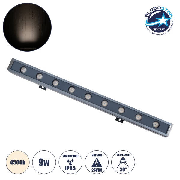 GLOBOSTAR® WASHER-NAIA 90173 Μπάρα Φωτισμού Wall Washer LED 9W 1035lm 30° DC 24V Αδιάβροχο IP65 Φυσικό Λευκό 4500K Dimmable - Γκρι Ανθρακί - Μ50 x Π4 x Υ5cm - 3 Χρόνια Εγγύηση